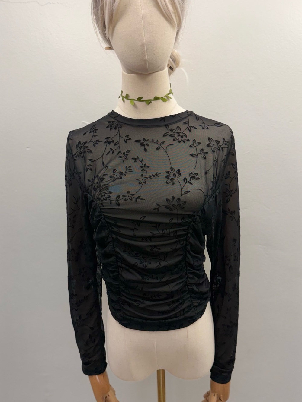 Avidlove Black Sheer Floral Mesh Ruched Long Sleeve Top Size Medium